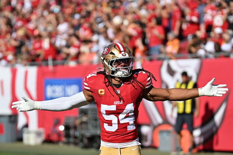 Oct 12, 2025; Tampa, Florida, USA; San Francisco 49ers linebacker Fred Warner (54) before the start of the game against the Tampa Bay Buccaneers at Raymond James Stadium. Mandatory Credit: Jonathan Dyer-Imagn Images