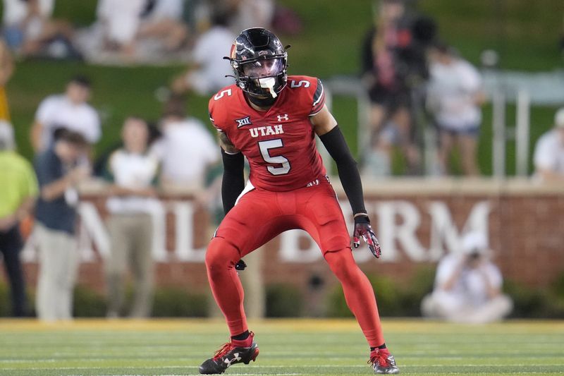 Nov 15, 2025; Waco, Texas, USA; Utah Utes safety Tao Johnson (5) in action during the second half against the Baylor Bears at McLane Stadium. Mandatory Credit: Chris Jones-Imagn Images