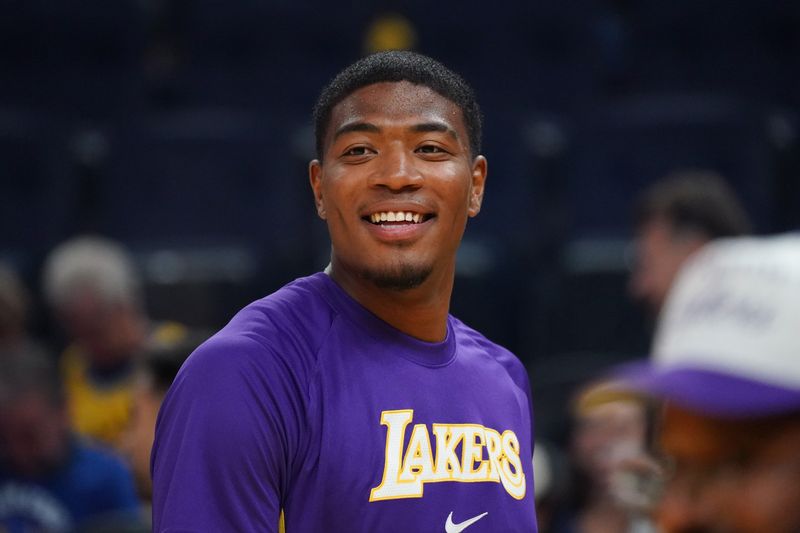 Oct 5, 2025; San Francisco, California, USA; Los Angeles Lakers forward Rui Hachimura (28) warms up before the game against the Golden State Warriors at Chase Center. Mandatory Credit: David Gonzales-Imagn Images