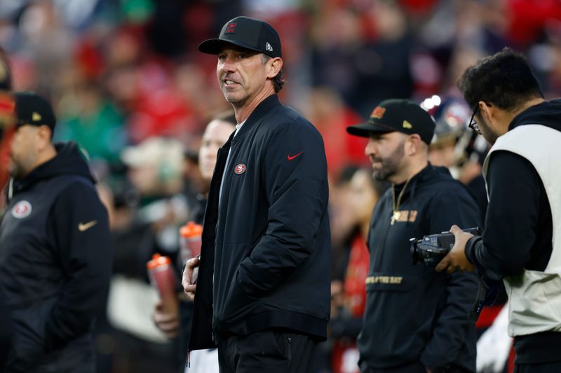 Jan 3, 2026; Santa Clara, California, USA; San Francisco 49ers head coach Kyle Shanahan before the game at Levi's Stadium. Mandatory Credit: Sergio Estrada-Imagn Images