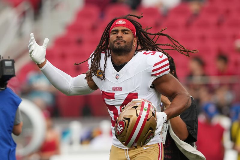 Sep 28, 2025; Santa Clara, California, USA; San Francisco 49ers middle linebacker Fred Warner (54) before the game against the Jacksonville Jaguars at Levi's Stadium. Mandatory Credit: Darren Yamashita-Imagn Images