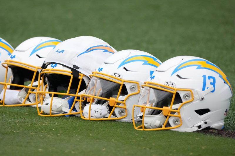 Jul 21, 2025; El Segundo, CA, USA; Los Angeles Chargers helmets at training camp at The Bolt. Mandatory Credit: Kirby Lee-Imagn Images