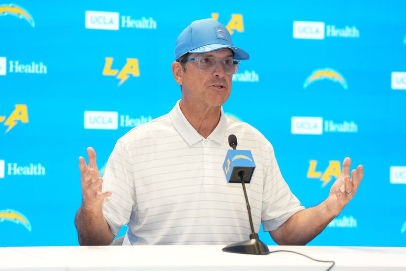 Jan 15, 2026; El Segundo, CA, USA; Los Angeles Chargers coach Jim Harbaugh at press conference at The Bolt. Mandatory Credit: Kirby Lee-Imagn Images
