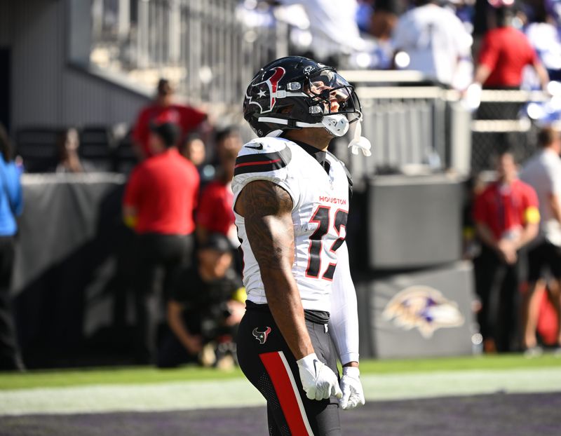 Oct 5, 2025; Baltimore, Maryland, USA; Houston Texans wide receiver Christian Kirk (13) reacts after rushing for yards during the fourth quarter against the Baltimore Ravens at M&T Bank Stadium. Mandatory Credit: Rafael Suanes-Imagn Images