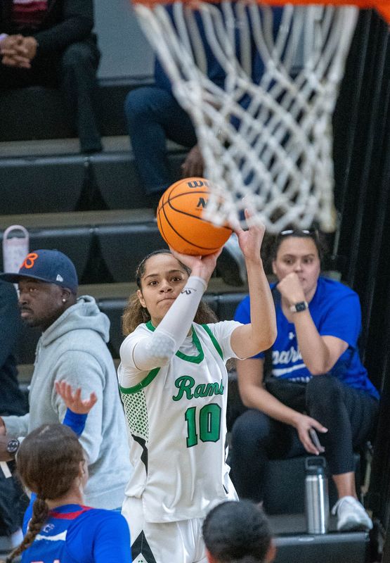 St. Mary’s High girls basketball at home against Christian Brothers High Monday January 19, 2025. St. Mary’s Evelini Smith shoots a jumper against Christian Brothers. 
St. Mary’s won 71-39.