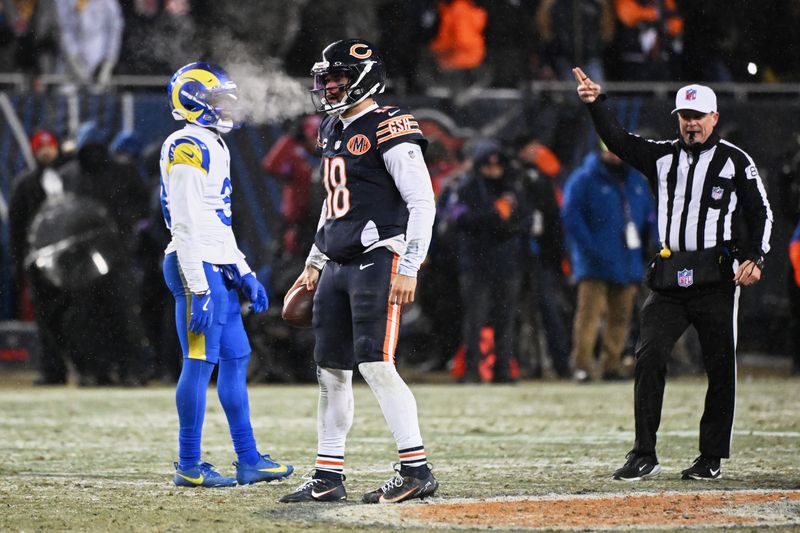 Jan 18, 2026; Chicago, IL, USA; Chicago Bears quarterback Caleb Williams (18) reacts to a first down against the Los Angeles Rams during the fourth quarter of an NFC Divisional Round game at Soldier Field. Mandatory Credit: Matt Marton-Imagn Images