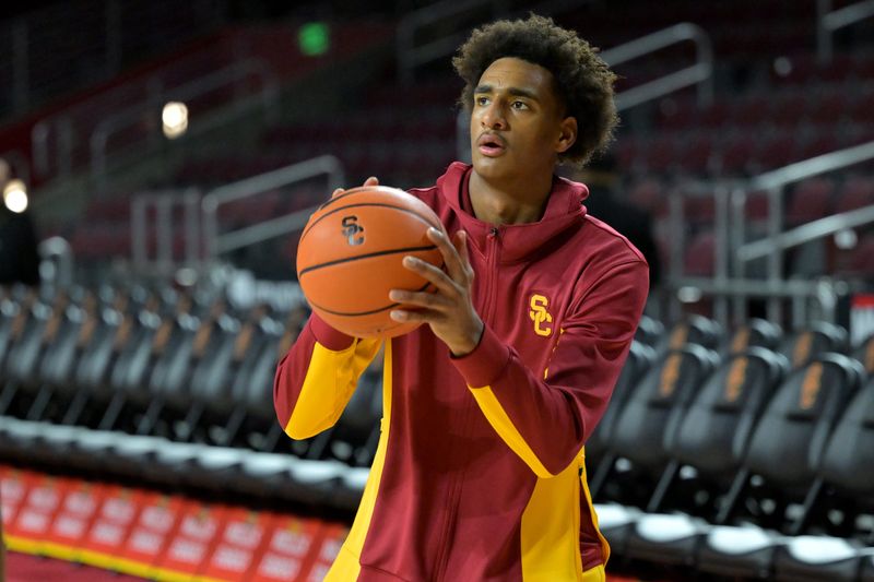 Dec 21, 2025; Los Angeles, California, USA; USC Trojans guard Alijah Arenas (0) warms up prior to the game against the UC Santa Cruz Banana Slugs at Galen Center. Mandatory Credit: Jayne Kamin-Oncea-Imagn Images