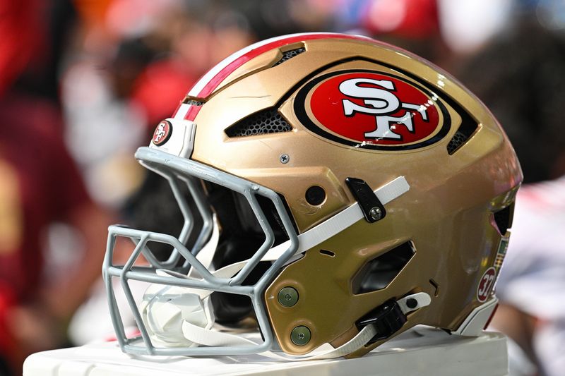 Sep 15, 2024; Minneapolis, Minnesota, USA; A San Francisco 49ers helmet sits idle during the game against the Minnesota Vikings at U.S. Bank Stadium. Mandatory Credit: Jeffrey Becker-Imagn Images