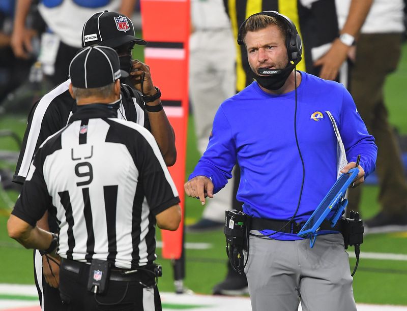 Sep 13, 2020; Inglewood, California, USA; Los Angeles Rams head coach Sean McVay talks with officials in the second half of the game against the Dallas Cowboys at SoFi Stadium. Mandatory Credit: Jayne Kamin-Oncea-USA TODAY Sports