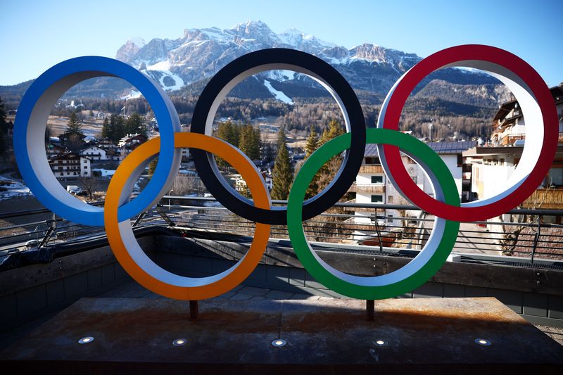 General view of the Olympic rings in preparation for the Milano Cortina 2026 Olympic Winter Games.