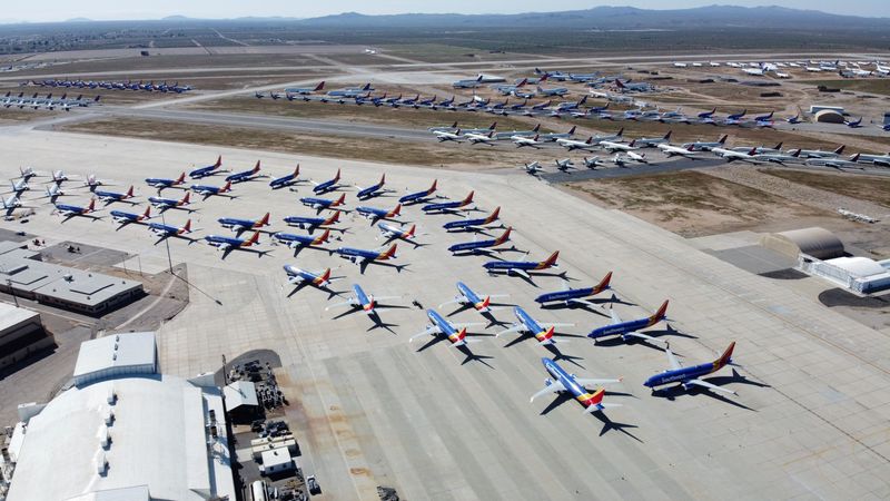 Southwest Airlines 737 MAX 8 airplanes are stored at the Southern California Logistics Airport on April 4, 2020 in Victorville.