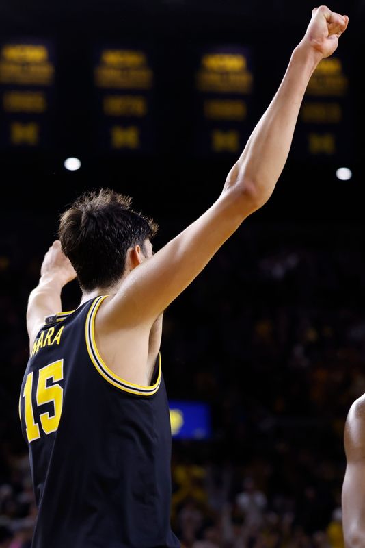Jan 27, 2026; Ann Arbor, Michigan, USA; Michigan Wolverines center Aday Mara (15) celebrates after defeating the Nebraska Cornhuskers at Crisler Center. Mandatory Credit: Rick Osentoski-Imagn Images