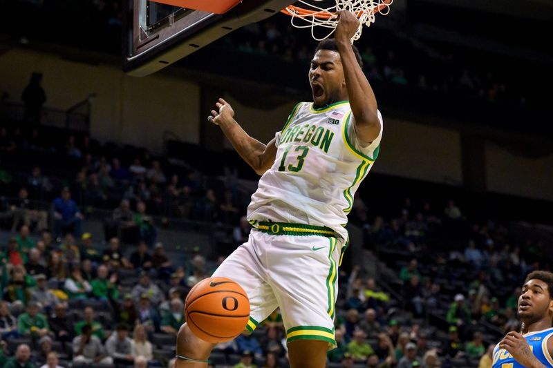 Oregon forward Sean Stewart dunks the ball as the Oregon Ducks host the UCLA Bruins on Jan. 28, 2026, at Matthew Knight Arena in Eugene, Oregon.