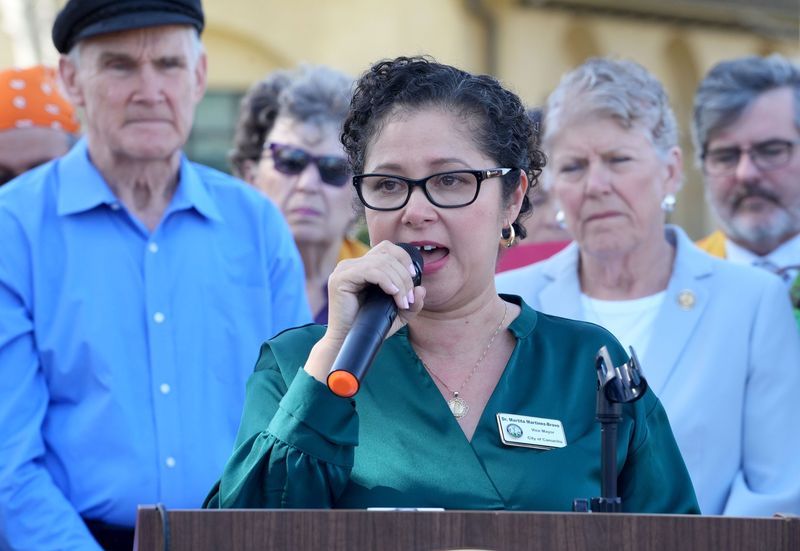Martita Martinez-Bravo, vice mayor of the city of Camarillo and director of the nonprofit Friends of Fieldworkers, speaks at a news conference held by U.S. Rep. Julia Brownley, D-Westlake Village, outside the U.S. Immigration and Customs Enforcement field office in Camarillo on Jan. 30. Speakers addressed concerns regarding the conduct of federal immigration agencies.