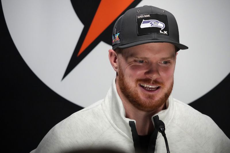 Feb 2, 2026; San Jose, CA, USA; Seattle Seahawks quarterback Sam Darnold (14) during Opening Night for Super Bowl LX at San Jose Convention Center. Mandatory Credit: Kirby Lee-Imagn Images