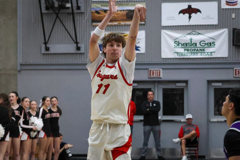 Foothill senior captain Mason Kelley fires a three-point shot in a game against Shasta on Feb. 3, 2026. Kelley finished with 12 points as the Cougars came away with a 61-53 win over Shasta.