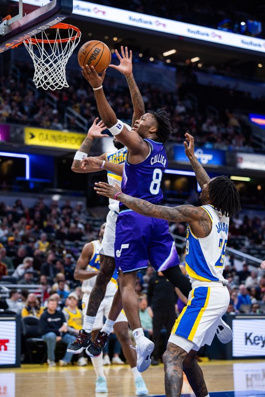 Feb 3, 2026; Indianapolis, Indiana, USA; Utah Jazz guard Isaiah Collier (8) shoots the ball while Indiana Pacers guard Quenton Jackson (29) defends in the first half at Gainbridge Fieldhouse. Mandatory Credit: Trevor Ruszkowski-Imagn Images