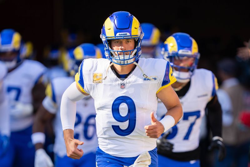 November 9, 2025; Santa Clara, California, USA; Los Angeles Rams quarterback Matthew Stafford (9) before the game against the San Francisco 49ers at Levi's Stadium. Mandatory Credit: Kyle Terada-Imagn Images