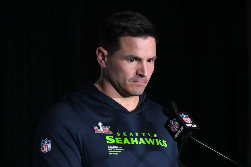 Feb 3, 2026; San Jose, CA, USA; Seattle Seahawks head coach Mike MacDonald speaks to the media at Super Bowl LX press conference at the San Jose Convention Center. Mandatory Credit: Kirby Lee-Imagn Images