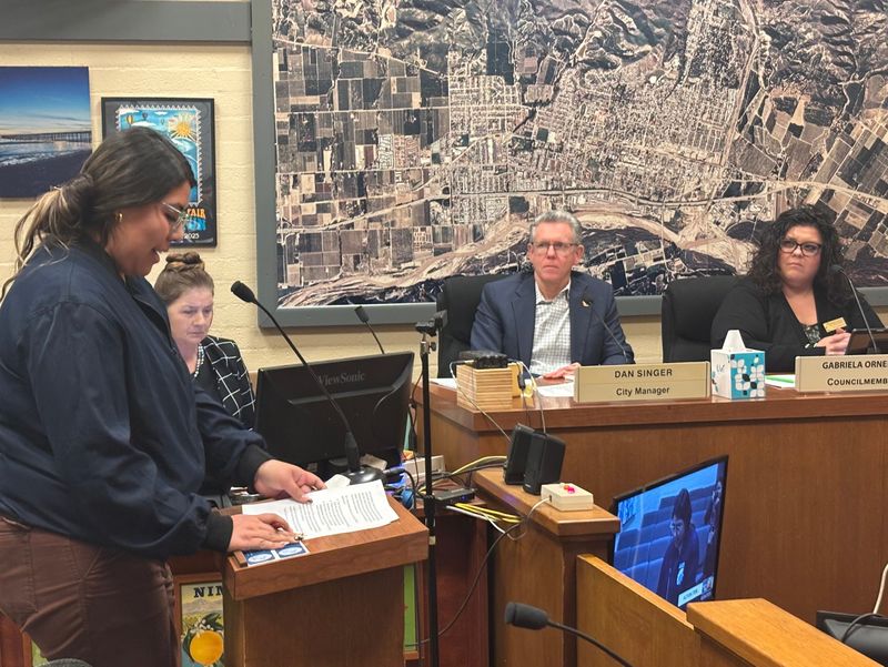 Cytlalli Salgado, who works as a Santa Paula organizer with the Central Coast Alliance United for a Sustainable Economy, or CAUSE, speaks about a police chief advisory committee formation item on Feb. 4, 2026, at the Santa Paula City Council meeting.