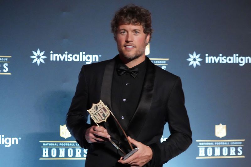 Feb 5, 2026; San Francisco, CA, USA; Los Angeles Rams quarterback Matthew Stafford posts with the NFL Honors most valuable player trophy at Palace of Fine Arts. Mandatory Credit: Kirby Lee-Imagn Images