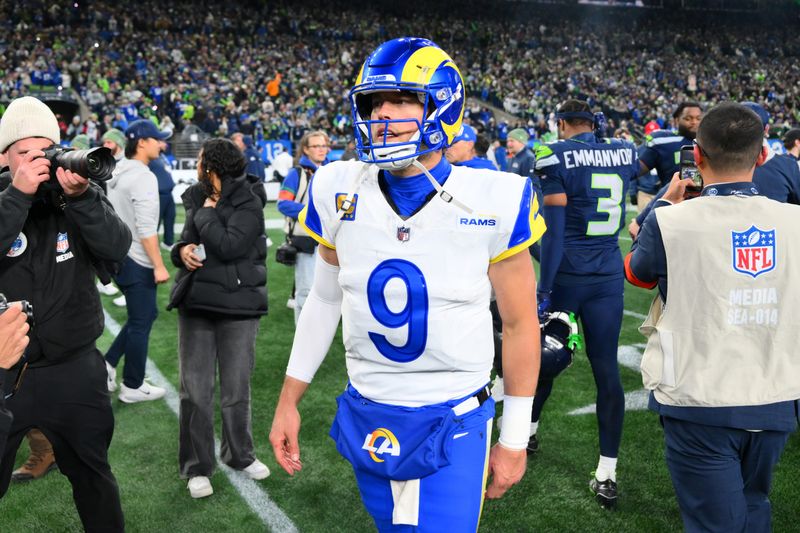 Jan 25, 2026; Seattle, WA, USA; Los Angeles Rams quarterback Matthew Stafford (9) leaves the field after the 2026 NFC Championship Game against the Seattle Seahawks at Lumen Field. Mandatory Credit: Steven Bisig-Imagn Images