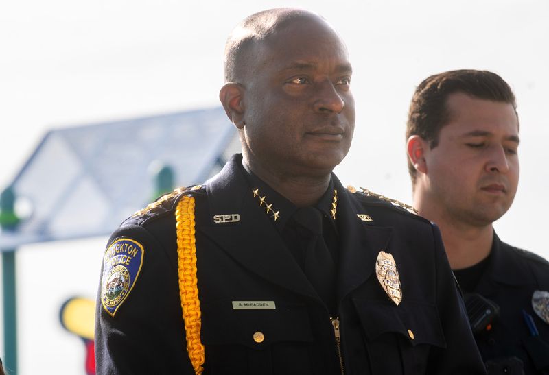Stockton Police Chief Stanley McFadden attends a dedication ceremony for Inspiration Park in north Stockton on Stockton on Feb. 7, 2026. The 12-acre park was dedicated to Stockton Police Officer Jimmy Inn and Stockton fire captain Vidal “Max” Fortuna. Inn was killed while responding to a domestic dispute in 2021 and Fortuna was killed while working a fire in 2022.