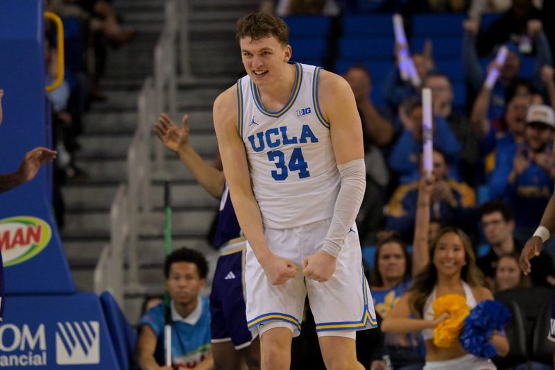 Feb 7, 2026; Los Angeles, California, USA; UCLA Bruins forward Tyler Bilodeau (34) reacts after a three-point basket the second half against the Washington Huskies at Pauley Pavilion presented by Wescom Financial. Mandatory Credit: Jayne Kamin-Oncea-Imagn Images