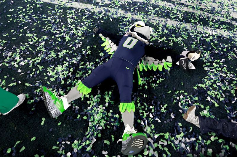 Seattle Seahawks mascot Blitz celebrates after defeating New England Patriots in Super Bowl LX at Levi's Stadium.