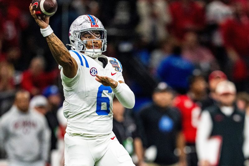 Ole Miss quarterback Trinidad Chambliss (6) passes the ball during the Sugar Bowl and College Football Playoff quarterfinals at Caesars Superdome in New Orleans, La., on Thursday, Jan. 1, 2026.