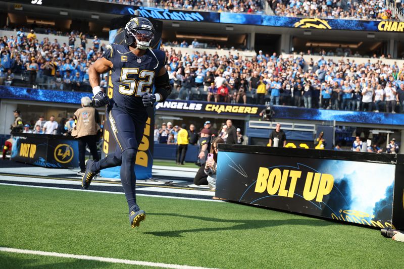 Dec 27, 2025; Inglewood, California, USA; Los Angeles Chargers linebacker Khalil Mack (52) takes the field prior to a game against the Houston Texans at SoFi Stadium. Mandatory Credit: Kiyoshi Mio-Imagn Images