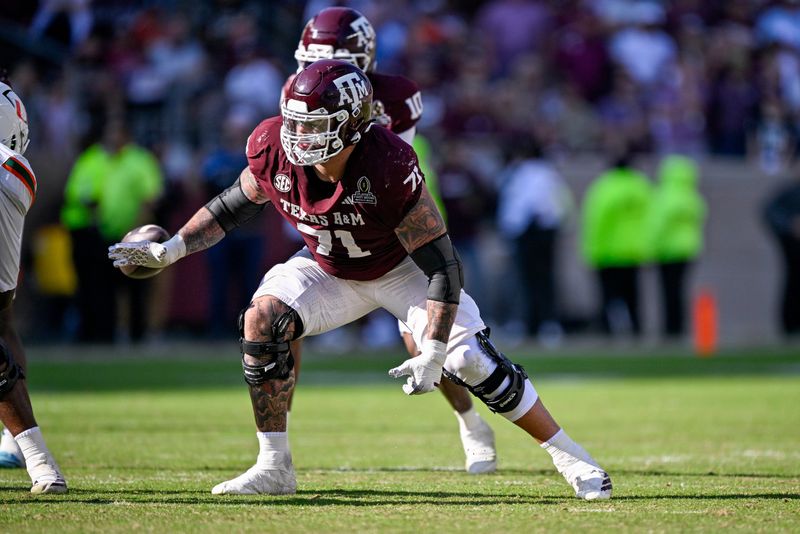 Dec 20, 2025; College Station, TX, USA; Texas A&M Aggies offensive lineman Chase Bisontis (71) blocks the rush during the game between the Aggies and the Hurricanes at Kyle Field. Mandatory Credit: Jerome Miron-Imagn Images