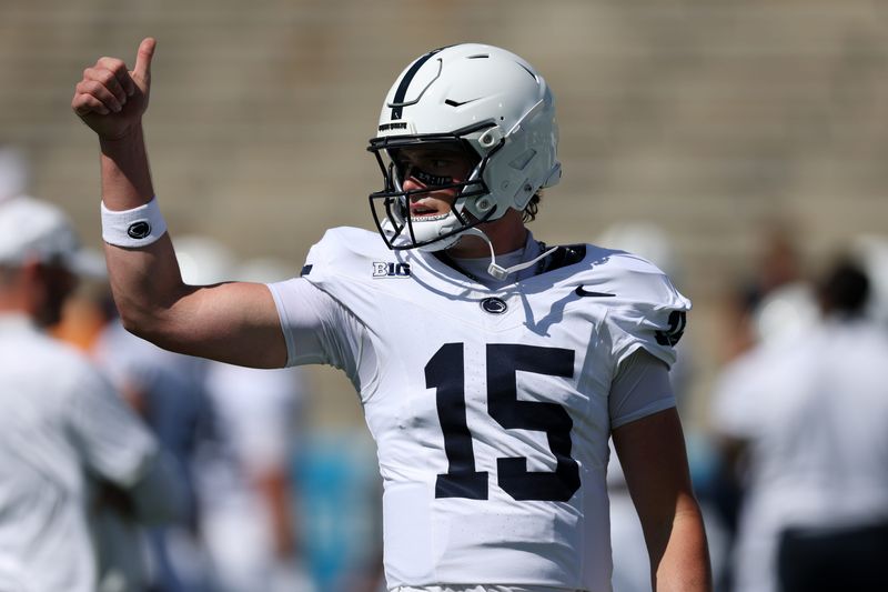 Oct 4, 2025; Pasadena, California, USA; Penn State Nittany Lions quarterback Drew Allar (15) warms up before the game against the UCLA Bruins at Rose Bowl. Mandatory Credit: Kiyoshi Mio-Imagn Images