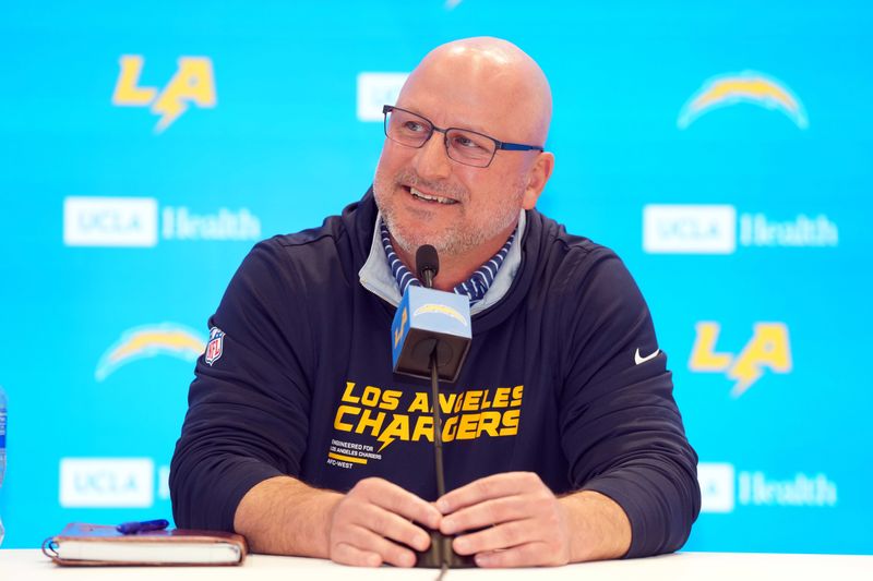 Jan 15, 2026; El Segundo, CA, USA; Los Angeles Chargers general manager Joe Hortiz at press conference at The Bolt. Mandatory Credit: Kirby Lee-Imagn Images