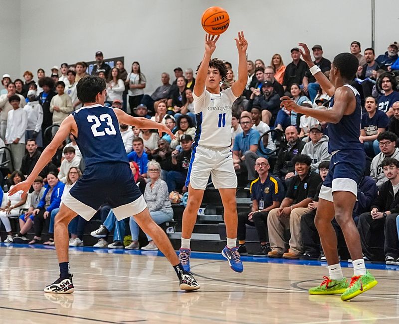 Desert Christian Academy's Judah Garrison shoots for three during the first quarter of their game in Bermuda Dunes, Calif., Wednesday, Feb. 11, 2026.