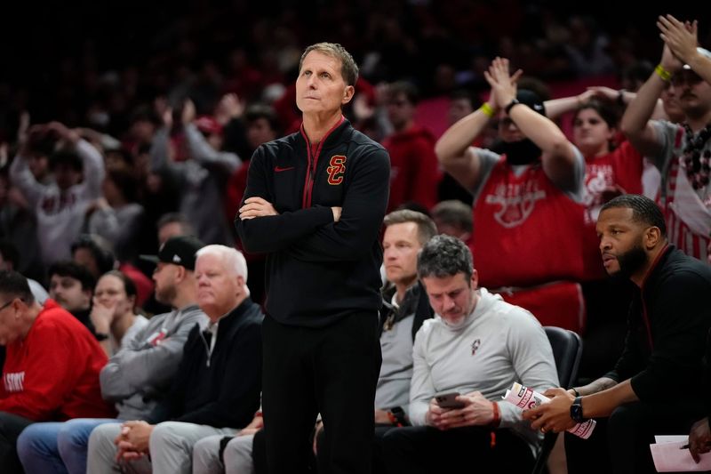USC Trojans head coach Eric Musselman watches during the first half of the NCAA men's basketball game against the Ohio State Buckeyes at the Schottenstein Center on Feb. 11, 2026.