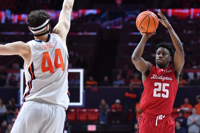 Wisconsin Badgers guard John Blackwell (25) shoots a three-point shot past Illinois Fighting Illini forward Zvonimir Ivisic (44) during the second half at State Farm Center in Champaign, Illinois.