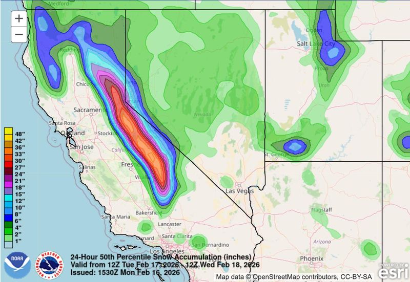 NOAA graphical forecast map shows snow totals as winter storm moves through California late Monday, Feb. 16, through early Thursday, Feb. 19, 2026.