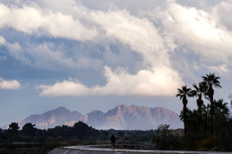 Rain fell in the Coachella Valley as seen from Vista Chino in Palm Springs, Calif., on Monday, February 16, 2026.