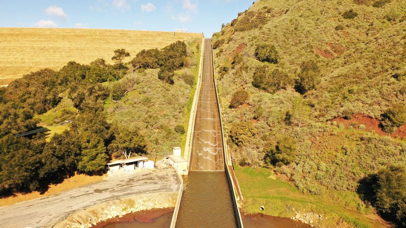 Lake Casitas, the reservoir in the Ojai Valley, reached full capacity, and water started to trickle down the spillway on Feb. 18.