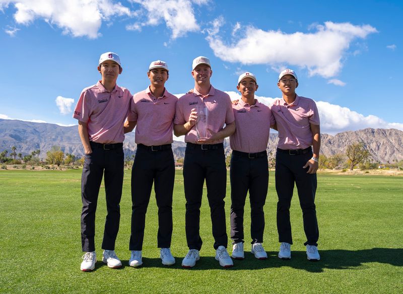 The Stanford University men's golf team poses for a photo after winning The Prestige collegiate golf tournament at PGA West in La Quinta, Calif., Wednesday, Feb. 18, 2026.