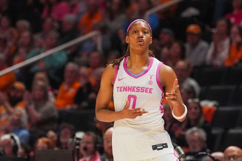 Tennessee forward Janiah Barker (0) makes a three with her hands after making a three-point basket during a NCAA basketball game at Thompson-Boling Arena at Food City Center in Knoxville, Tenn., on Feb. 19, 2026.