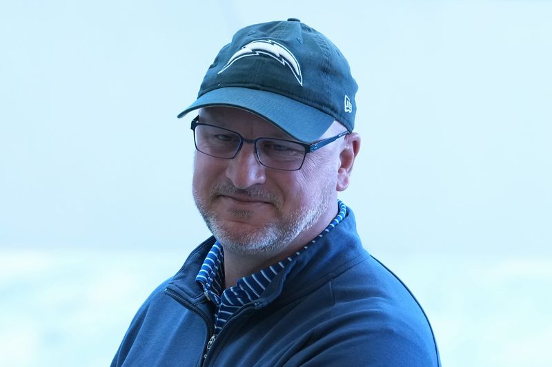 January 27, 2026; El Segundo, California, USA; Los Angeles general manager Joe Hortiz attends introductory press conference for offensive coordinator Mike McDaniel at The Bolt. Mandatory Credit: Kirby Lee-Imagn Images