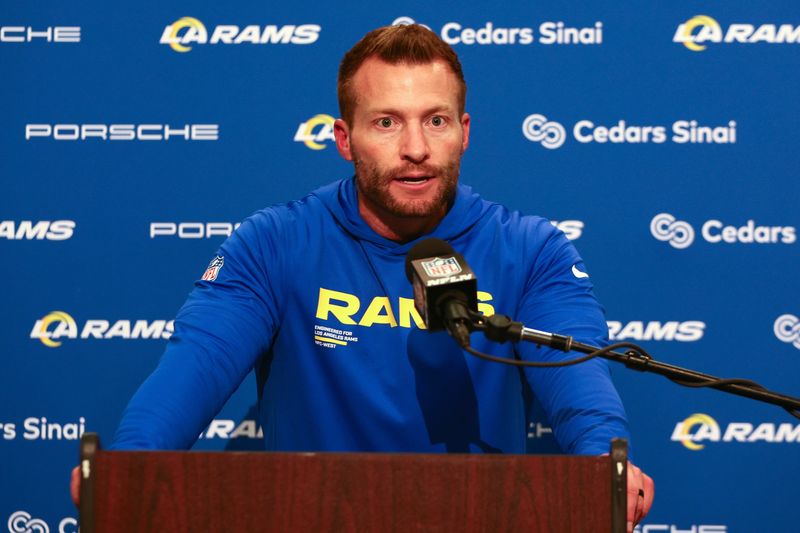 Dec 18, 2025; Seattle, Washington, USA; Los Angeles Rams head coach Sean McVay speaks in a press conference after a game against the Seattle Seahawks at Lumen Field. Mandatory Credit: Kevin Ng-Imagn Images