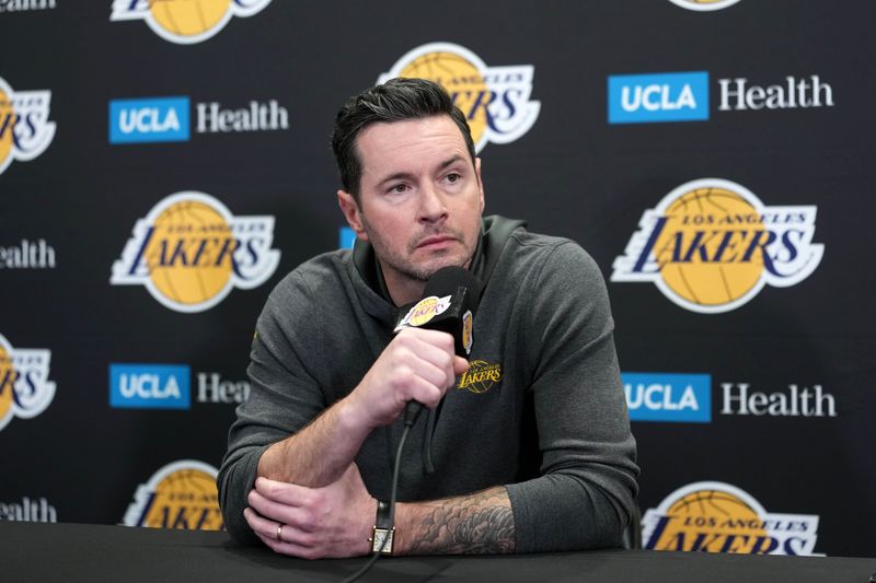Feb 20, 2026; Los Angeles, California, USA; Los Angeles Lakers head coach JJ Redick at a press conference at the Crypto.com Arena. Mandatory Credit: Kirby Lee-Imagn Images
