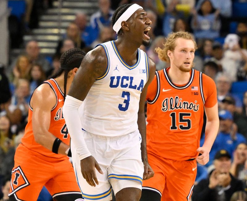 Feb 21, 2026; Los Angeles, California, USA; UCLA guard Eric Dailey Jr. (3) lets out a yell after scoring while Illinois Fighting Illini guard Kylan Boswell (4) (left) and Illinois Fighting Illini forward Jake Davis (15) (right) look on in the second half at Pauley Pavilion presented by Wescom Financial. Mandatory Credit: Robert Hanashiro-Imagn Images