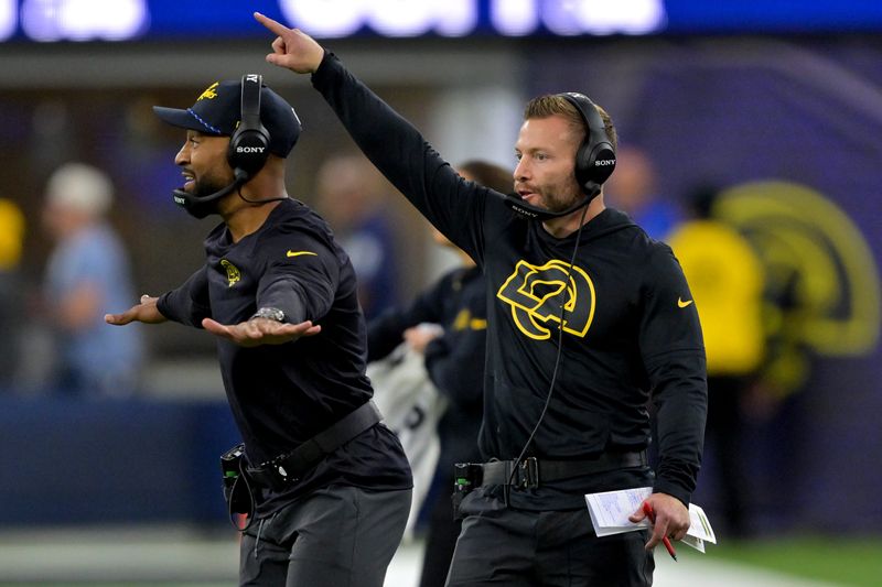 Nov 16, 2025; Inglewood, California, USA; Los Angeles Rams assistant head coach Aubrey Pleasant with head coach Sean McVay on the sidelines during the second half against the Seattle Seahawks at SoFi Stadium. Mandatory Credit: Jayne Kamin-Oncea-Imagn Images