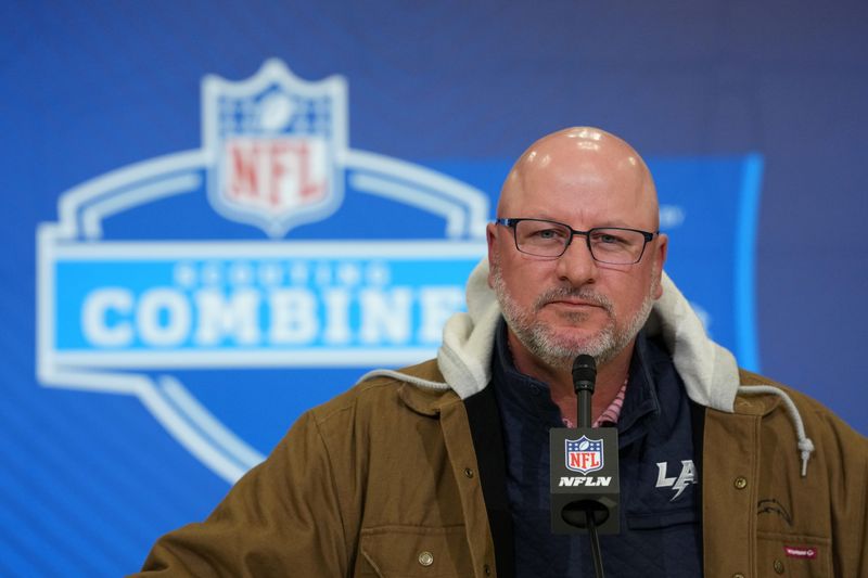 Feb 24, 2026; Indianapolis, IN, USA; Los Angeles Chargers general manager Joe Hortiz speaks at the NFL Scouting Combine at the Indiana Convention Center. Mandatory Credit: Kirby Lee-Imagn Images