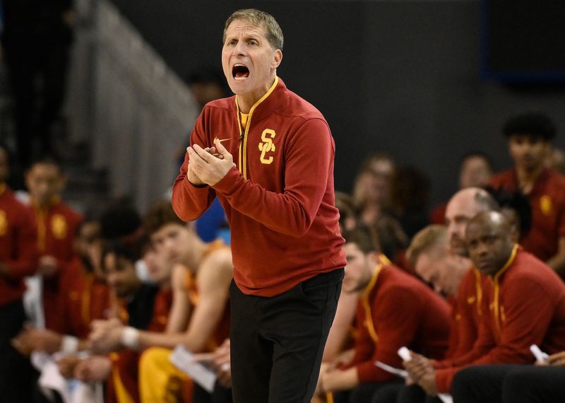 Feb 24, 2026; Los Angeles, California, USA; Southern California head coach Eric Musselman communicates during the first half against the UCLA Bruins at Pauley Pavilion presented by Wescom Financial. Mandatory Credit: Robert Hanashiro-Imagn Images