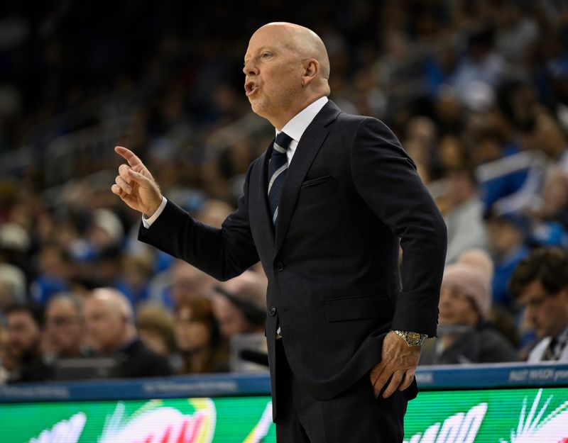 Feb 24, 2026; Los Angeles, California, USA; UCLA Bruin head coach Mick Cronin communicates during the first half against the Southern California Trojans at Pauley Pavilion presented by Wescom Financial. Mandatory Credit: Robert Hanashiro-Imagn Images